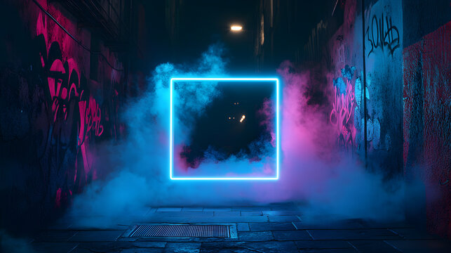 3D render of a glowing neon square frame in the center, a foggy dark street with graffiti and buildings in the background