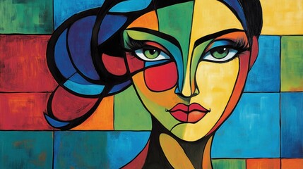 Poster - Colorful abstract painting of a woman with striking green eyes