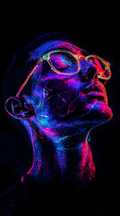 Fototapete - Portrait of a man wearing glasses with colorful neon lights projected on his face, creating an artistic and vibrant effect in the dark