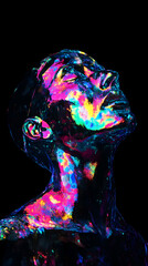 Poster - A model with closed eyes and tilted head revealing vibrant fluorescent body painting, glowing brilliantly under ultraviolet light against a striking black background