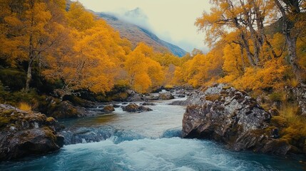 Poster - Autumn landscape showing a river flowing through golden trees