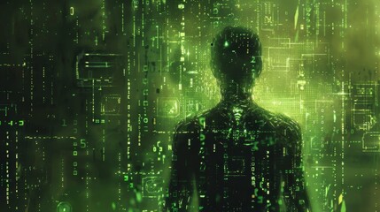 Poster - Digital landscape featuring a humanoid silhouette amidst flowing green code and data streams in a futuristic setting