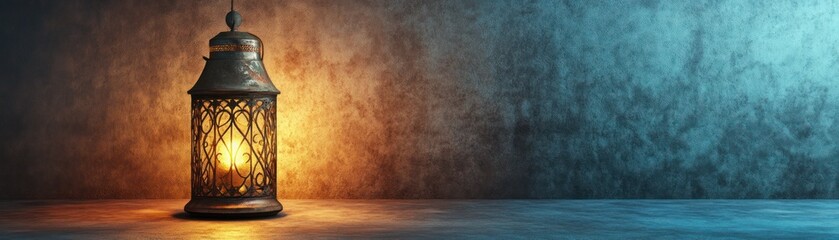 Aufkleber - Ornate lantern glows warmly against a textured blue wall
