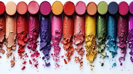 Colorful makeup palettes with crushed eyeshadow and lipstick on white background