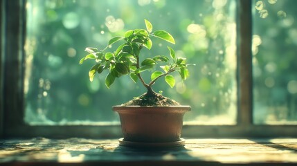 Wall Mural - Sunlight bonsai plant on windowsill, lush green background