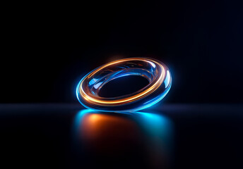 Poster - Shenzhen, China - Unknown Date : A luminous ring object with vibrant blue and orange neon light rests on a dark reflective surface. Abstract and futuristic, this 3D render creates a modern digital des