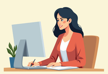 a woman in a red jacket is working at a desk, focused on her computer screen and writing on a piece 
