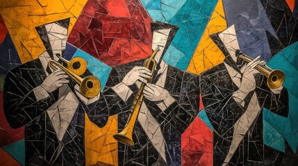 Poster - Three musicians play brass instruments in an abstract style artwork