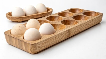 Poster - Wooden Egg Holders with Eggs on White Background