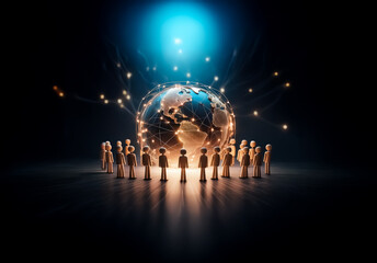 Leinwandbilder - A group of symbolic figures encircles a glowing globe, illuminated by radiating light streams suggesting worldwide connection and networking against a dark backdrop.