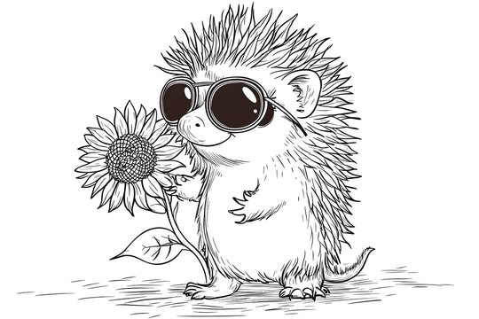 Porcupine with tiny sunglasses, holding a sunflower. Cute Cartoon Character Design and Computer Game. Coloring Book Outline Set.