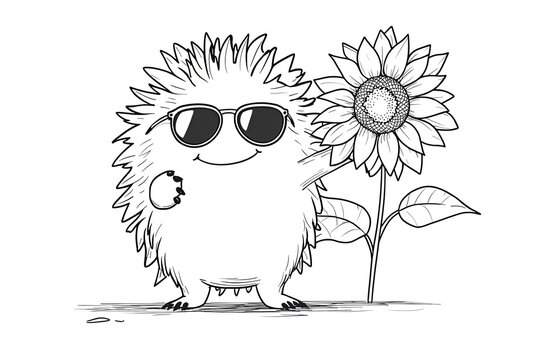 Porcupine with tiny sunglasses, holding a sunflower. Cute Cartoon Character Design and Computer Game. Coloring Book Outline Set.