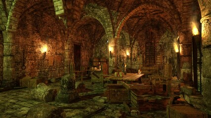 Poster - 3D animation of an old medieval dungeon room with wooden furniture and burning torches and candles.