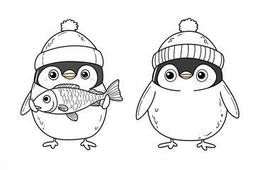 Fototapete - Penguin holding a fish, wearing a tiny winter hat. Cute Cartoon Character Design and Computer Game. Coloring Book Outline Set.