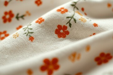 Wall Mural - Floral pattern fabric, small orange flowers on white cloth,  background blur.  Sewing