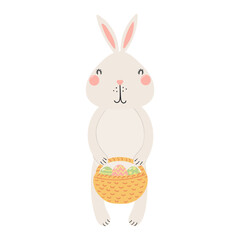 Wall Mural - Cute bunny holding basket of Easter eggs character illustration. Hand drawn flat style design, isolated vector. Holiday clip art, kids print element, seasonal card, banner, poster