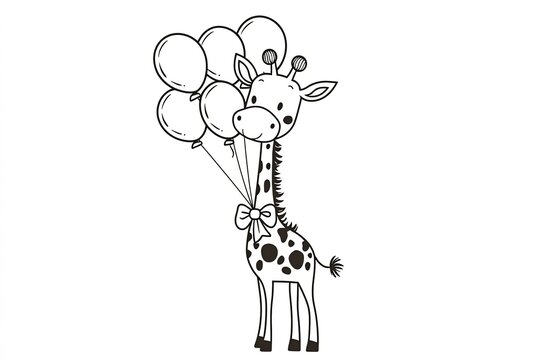 Giraffe with a bow on its neck, holding a bunch of balloons. Cute Cartoon Character Design and Computer Game. Coloring Book Outline Set.