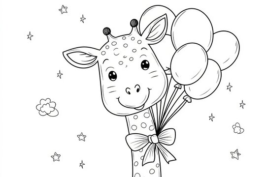 Giraffe with a bow on its neck, holding a bunch of balloons. Cute Cartoon Character Design and Computer Game. Coloring Book Outline Set.