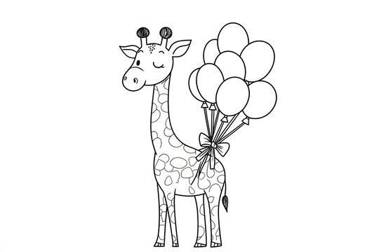 Giraffe with a bow on its neck, holding a bunch of balloons. Cute Cartoon Character Design and Computer Game. Coloring Book Outline Set.