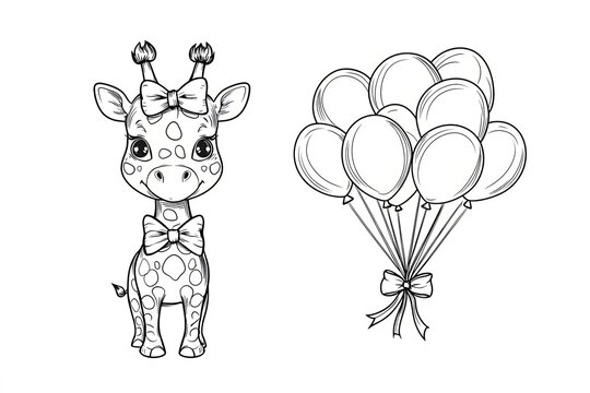 Giraffe with a bow on its neck, holding a bunch of balloons. Cute Cartoon Character Design and Computer Game. Coloring Book Outline Set.