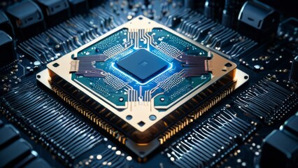 Cybernetic Circuit Board with Illuminated CPU – Digital Future