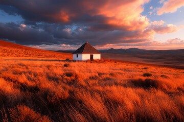 Wall Mural - Small house in grass field at dusk, mountains in background. Scenic rural view