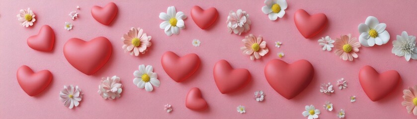 Poster - Pink hearts and flowers scattered on a pink background