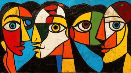 Poster - Abstract painting depicts four faces with cubist inspired color blocks
