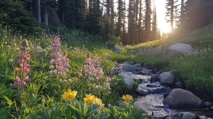 Poster - A mountain stream flows through a meadow filled with wildflowers