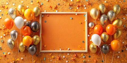 Wall Mural - A Festive Orange Backdrop with Balloons and a Blank Frame for Your Message