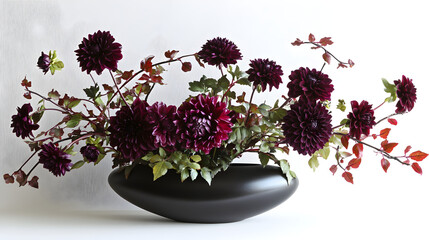 Wall Mural - A dramatic Ikebana display with dark purple dahlias and black ceramic vase