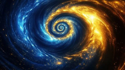 Wall Mural - A mesmerizing fractal design with swirling hues of deep blue and golden yellow, resembling a cosmic vortex spiraling into an infinite universe, glowing with radiant starlight patterns.
