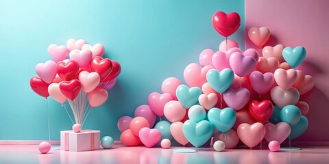 Wall Mural - Pastel Heart Balloons and Gift Box Arrangement on Pink and Teal Background