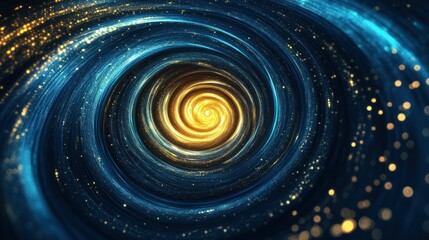 Wall Mural - A mesmerizing fractal design with swirling hues of deep blue and golden yellow, resembling a cosmic vortex spiraling into an infinite universe, glowing with radiant starlight patterns.