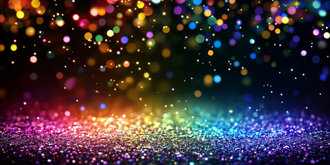 Poster - Rainbow glitters and sequins falling from above, black background, colorful light, bokeh and sequins banner.
