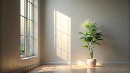 Sticker - Serene Sunlight Illuminates a Minimalist Interior with a Lush Potted Plant, Casting Gentle Shadows on the Light Walls and Hardwood Floor