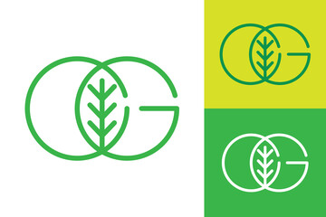 Aufkleber - The image shows an outline monogram logo design of an initial letter OG with a leaf on the center in green color that looks clean and sharp on a white background