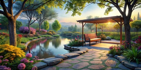 Sticker - Serene Garden Oasis Tranquil Pond, Blooming Flowers, Wooden Bench Under Gazebo at Sunrise