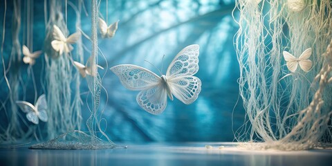 Sticker - Ethereal white butterflies flutter amidst delicate, wispy strands, creating a serene and magical scene of enchantment.