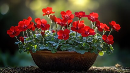 Wall Mural - Vibrant red flowers in terracotta pot, outdoor setting, soft sunlight