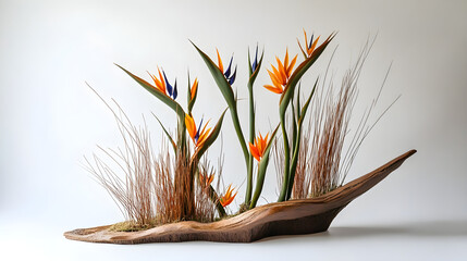 Wall Mural - A sculptural Ikebana arrangement with bird of paradise flowers and tall grasses