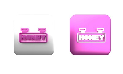Poster - colorful hanging sign with honeycomb isolated on white background. signboard icon. honey cells symbo
