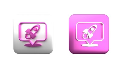 Poster - colorful rocket ship icon isolated on white background. space travel. square button. 3d render illus