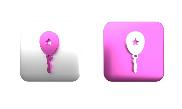 Colorful Balloon with ribbon icon isolated on white background. Square button. 3D render illustration