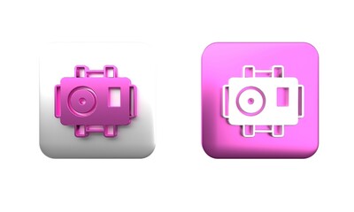 Poster - Colorful Photo camera for diver icon isolated on white background. Foto camera icon. Diving underwater equipment. Square button. 3D render illustration
