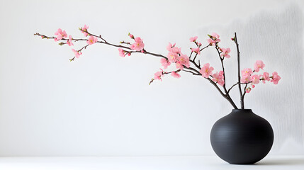 Wall Mural - A traditional Ikebana arrangement using peach blossoms and a black vase