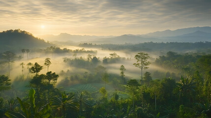 Sticker - Sunrise over misty valley, lush jungle. Travel poster