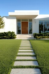 Wall Mural - House entrance with door and walkway, landscaping. Exterior modern home for sale