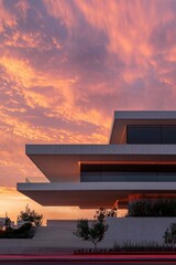 Wall Mural - Modern home at sunset; Luxury residence with warm sky above, great for design