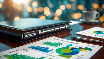 Poster - business meeting with charts and graphs on wooden table in modern office during evening